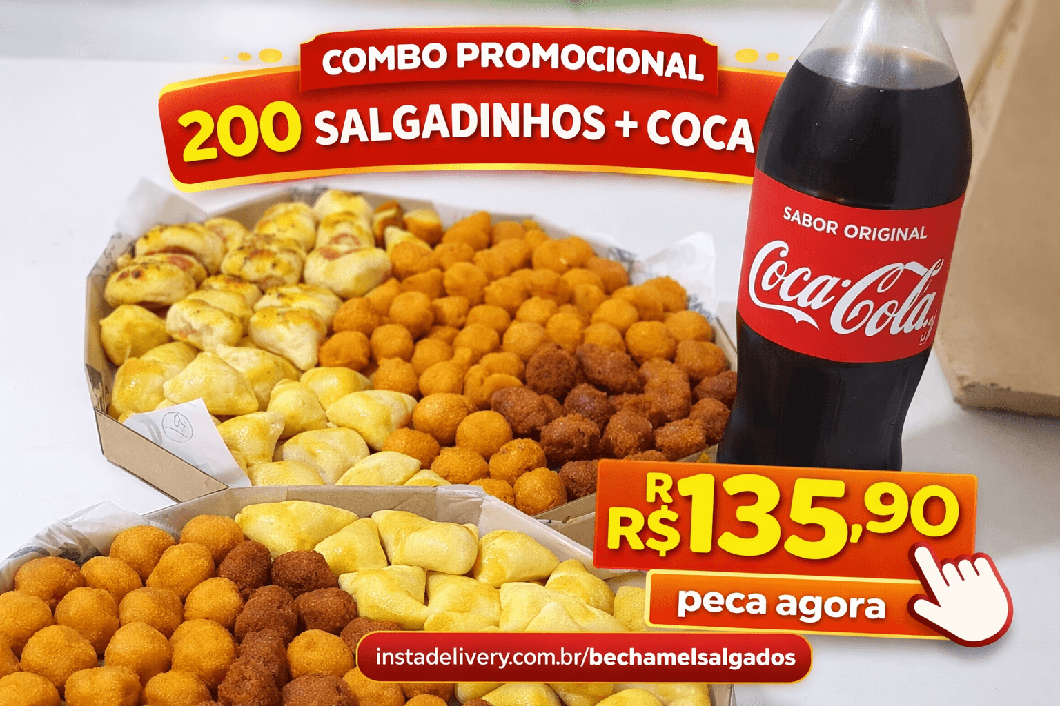 Combo promocional com 200 salgadinhos e Coca-Cola